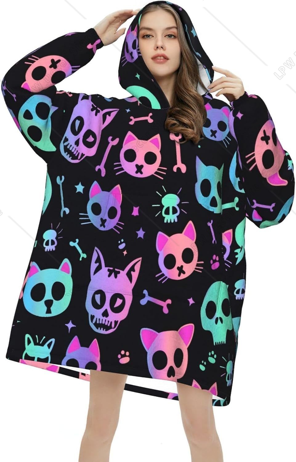 Sherpa Hoodie Fleece - Cat Skulls Bones Wearable Blanket Hoodie