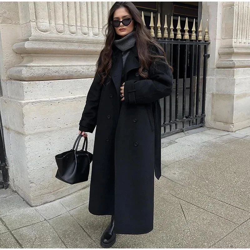 Elegant Grey Belt Long Faux Wo - огляд і ціна Wool Coat Peacoat