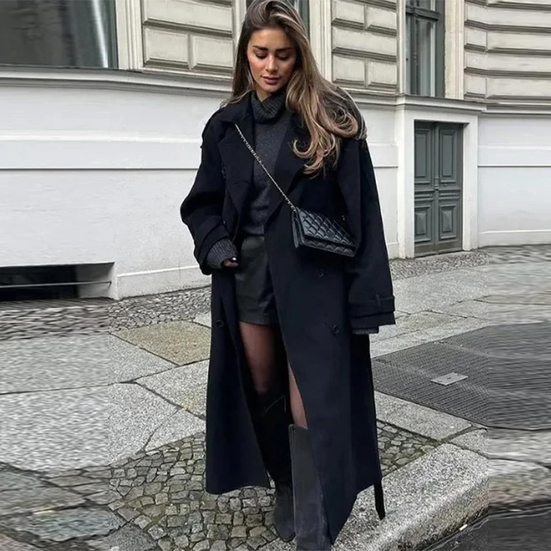 Elegant Grey Belt Long Faux Wo - огляд і ціна Wool Coat Peacoat