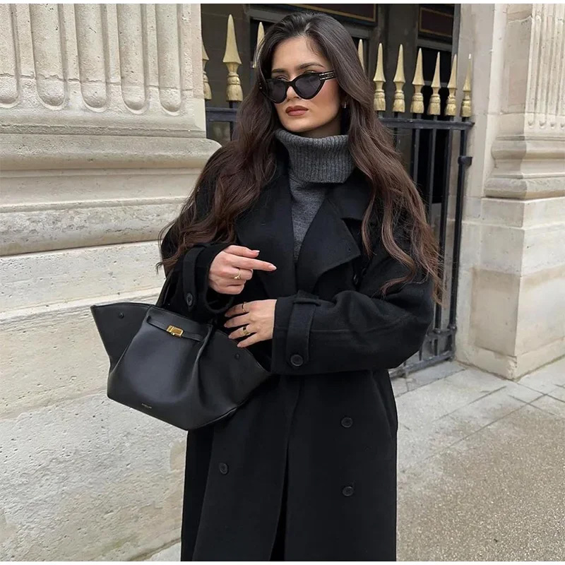 Elegant Grey Belt Long Faux Wo - огляд і ціна Wool Coat Peacoat