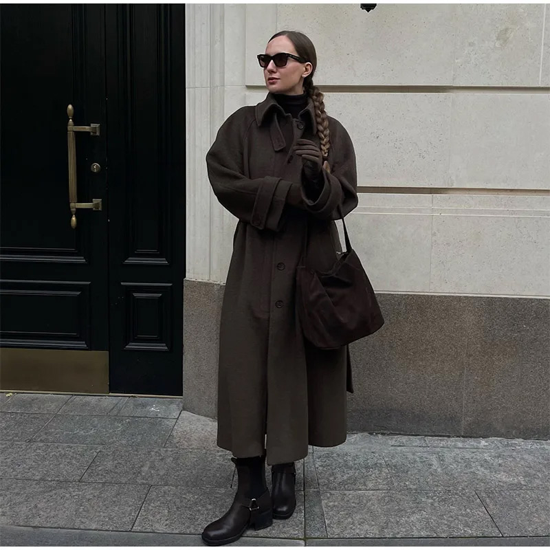 Elegant Grey Belt Long Faux Wo - огляд і ціна Wool Coat Peacoat