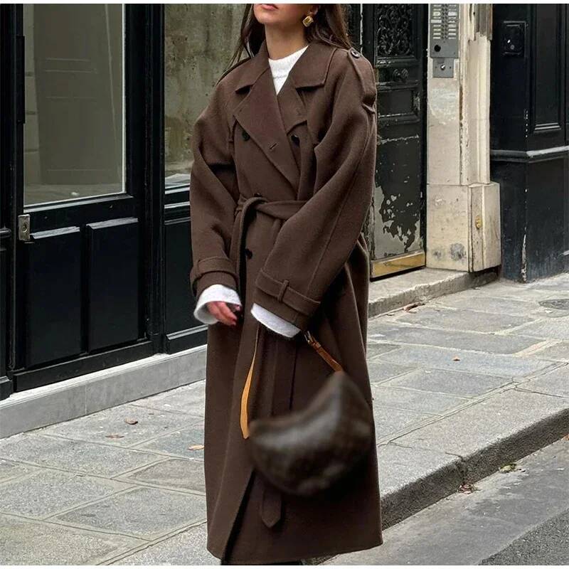 Elegant Grey Belt Long Faux Wo - огляд і ціна Wool Coat Peacoat