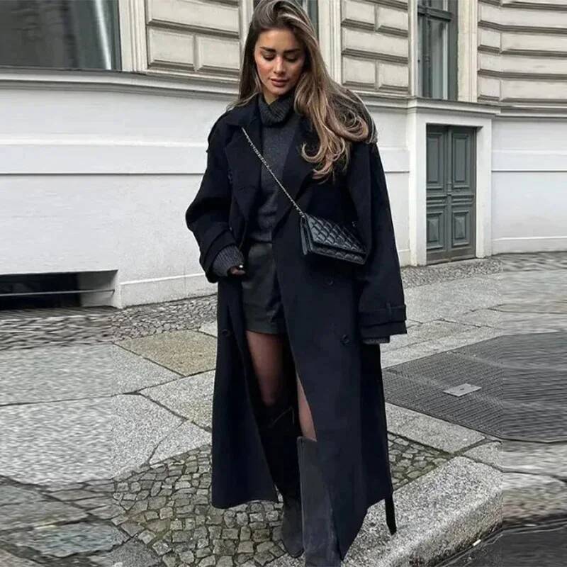 Elegant Grey Belt Long Faux Wo - огляд і ціна Wool Coat Peacoat